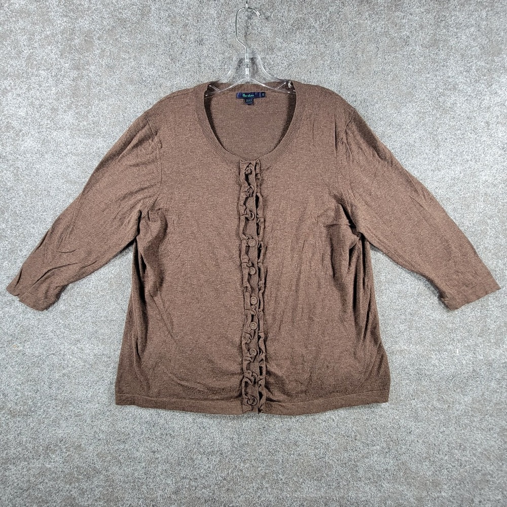 Boden Button-Front Cardigan Womens 20 Brown Classic Ruffled Placket 3/4 Sleeve